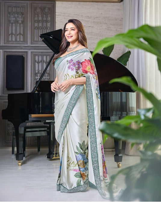 Madhuri Dixit Replica Satin Silk Saree With Blouse Piece