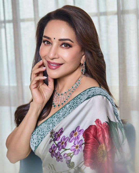 Madhuri Dixit Replica Satin Silk Saree With Blouse Piece