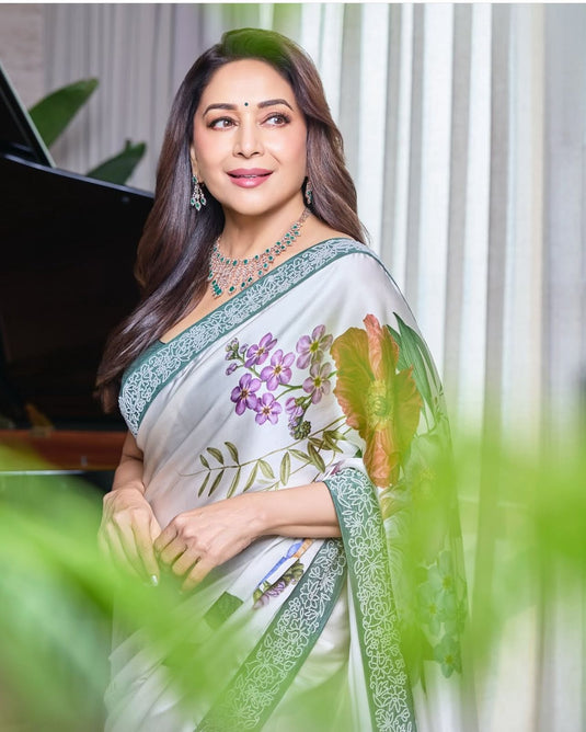 Madhuri Dixit Replica Satin Silk Saree With Blouse Piece