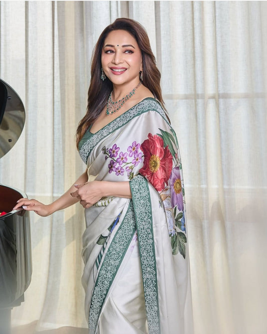 Madhuri Dixit Replica Satin Silk Saree With Blouse Piece