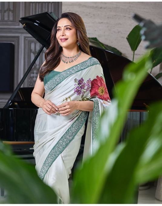 Madhuri Dixit Replica Satin Silk Saree With Blouse Piece