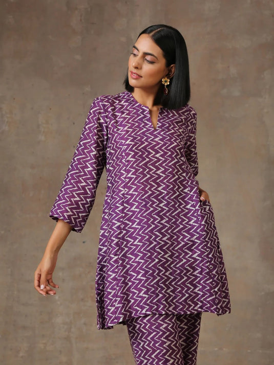 Purple White Lehariya Printed Silk Co-Ord Set - thevendorvilla