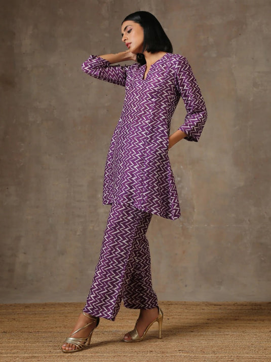 Purple White Lehariya Printed Silk Co-Ord Set - thevendorvilla