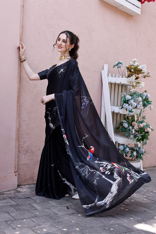 Digital Printed Satin Silk Black Saree