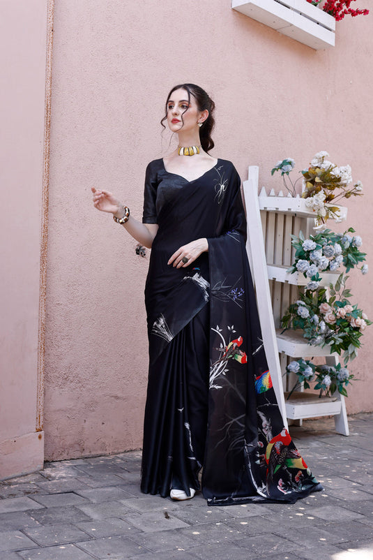 Digital Printed Satin Silk Black Saree